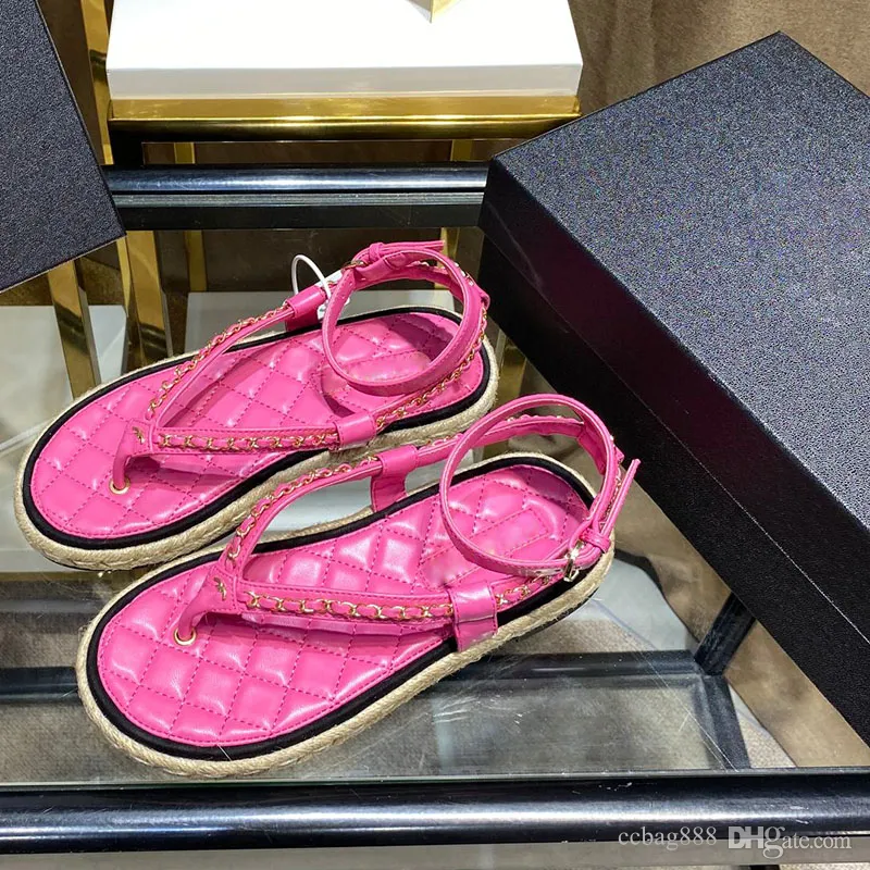 Women's Pink Quilted Leather Chain Strap Espadrille Sandals Beach Shoes  Outdoor Casual Summer 2024
