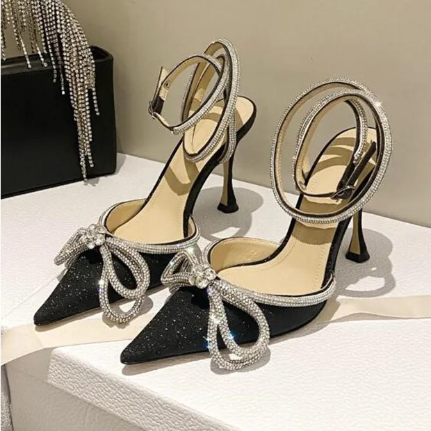 Dames chaussures habillées talons de créateur femme fête de mariage talons hauts brillant strass Double nœud sandales 2023