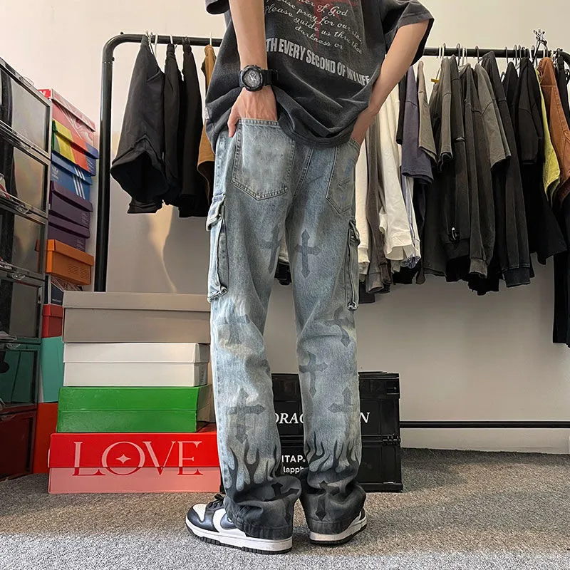 Men s Jeans High Street Hip Hop Flame Cross Jeans European och American Design Mopping Pants Casual Men Kvinnor byxor 230207