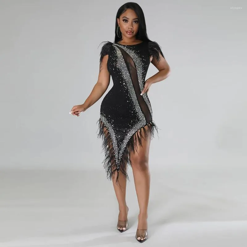 Lässige Kleider Sexy Strass Mesh Federn Kleid Frauen Mode Quaste Durchsichtig Ärmellos 2023 Shinny Pailletten Club Party Outfit