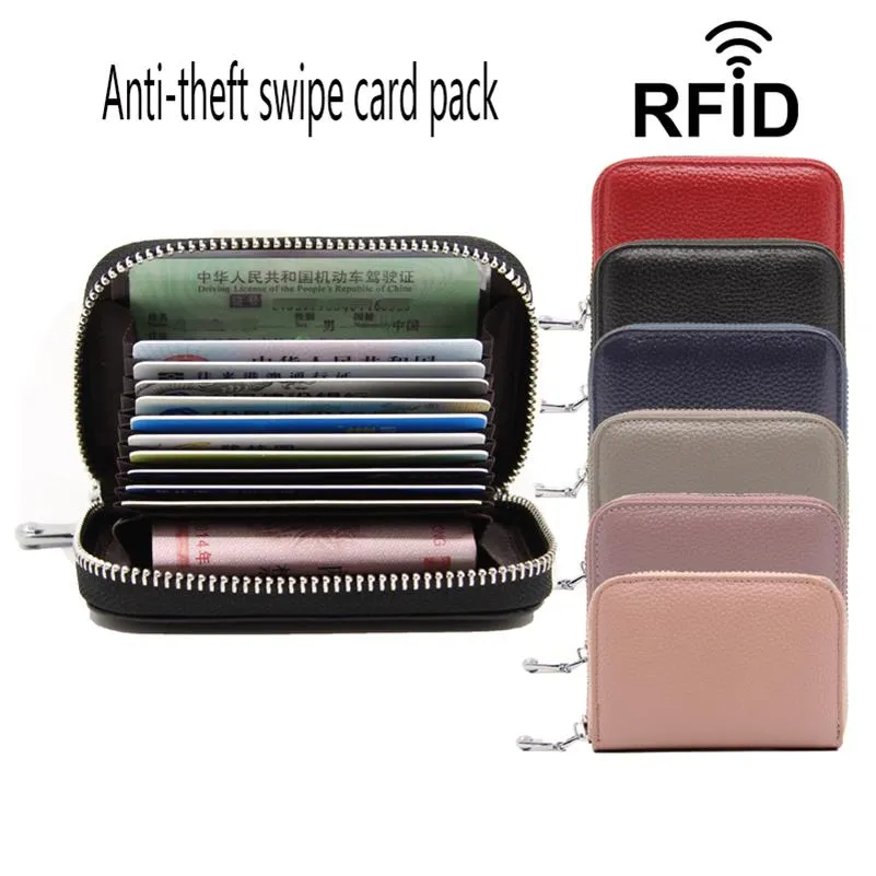 Top layer cow-leather organ bag RFID anti-theft female card clip man card bag multi-function zipper pocket267O