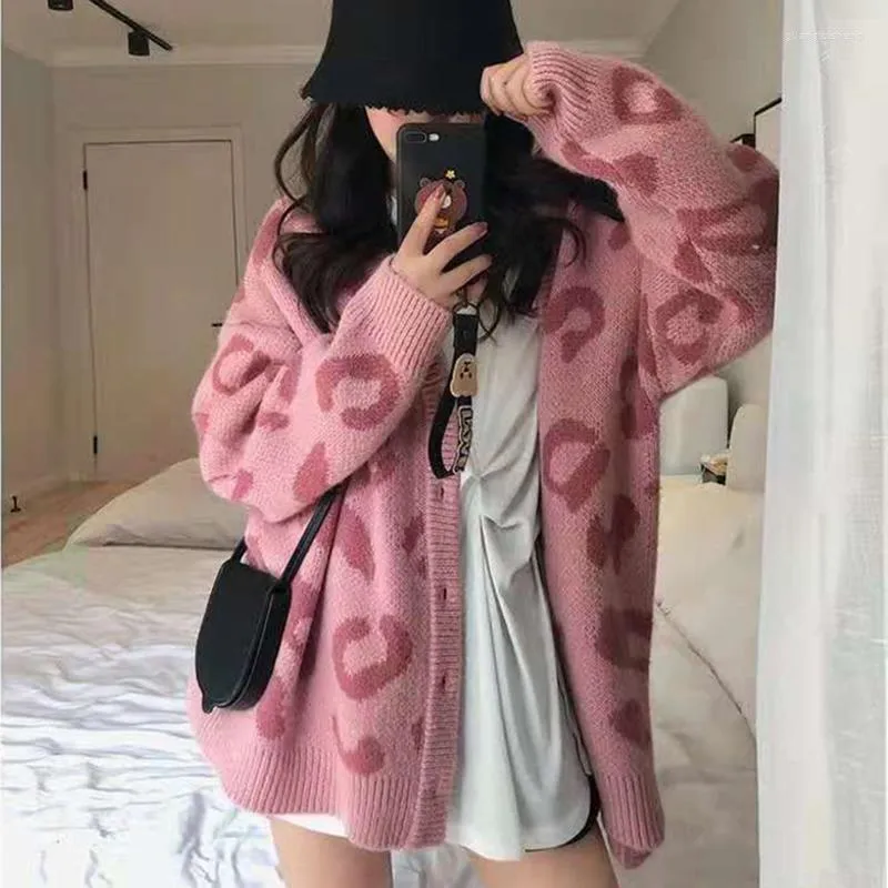 Women's Knits Abrini Women Pink V-neck Leopard Sweater Coat Autumn Winter Loose Knitted Button-up Cardigan Coats Long Sleeve Warm Jackets
