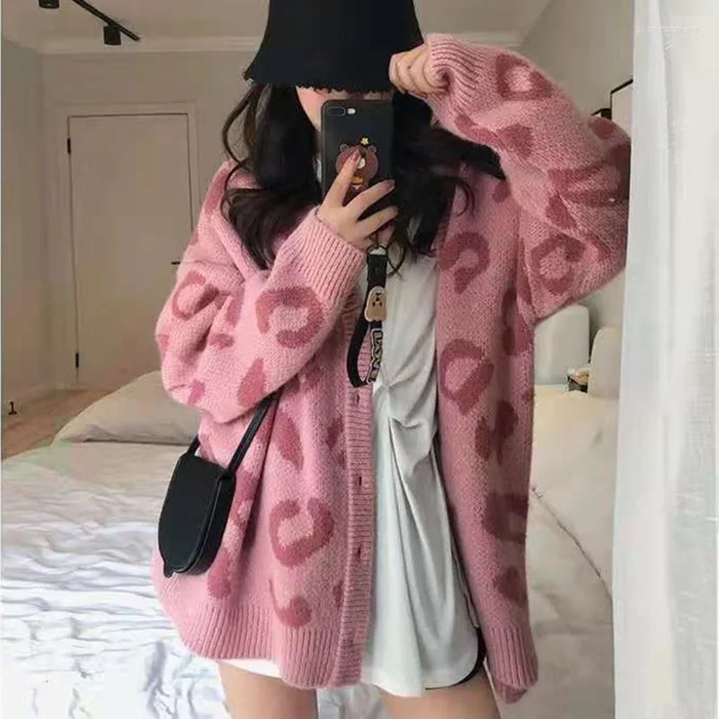 Tejidos para mujer Abrini Mujeres Pink V-cuello Leopardo Suéter Abrigo Otoño Invierno Suelto Punto Botón-up Cardigan Abrigos Manga larga Chaquetas cálidas