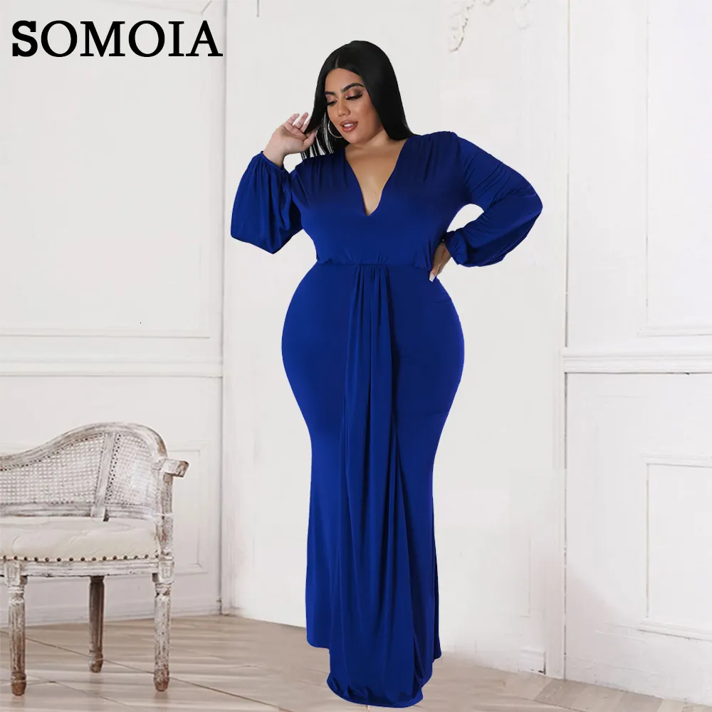 SOMOIA grande taille femmes vêtements élégant discothèque robe irrégulière col en V robe à manches longues étage jupe en gros goutte 230207