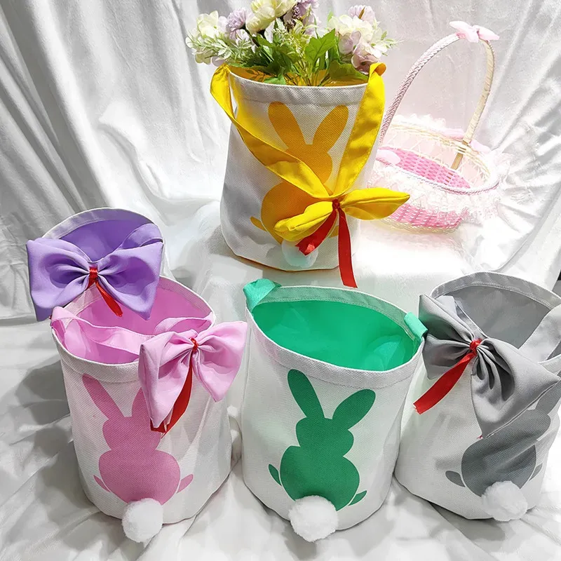 Party Gift Decoration Easter Bunny Basket Bags For Kids Cotton Linen Carrying Gift and Eggs Hunt Bag Fluffy Tails Printed Rabbit Toys Bucket Tote