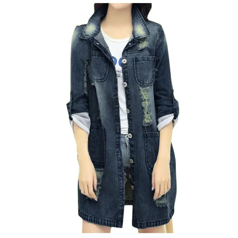 Women's Jackets Women Vintage Lapel Button Down Long Sleeve Pocket Distressed Denim Jean Jacket Teen Girls CoatWomen's