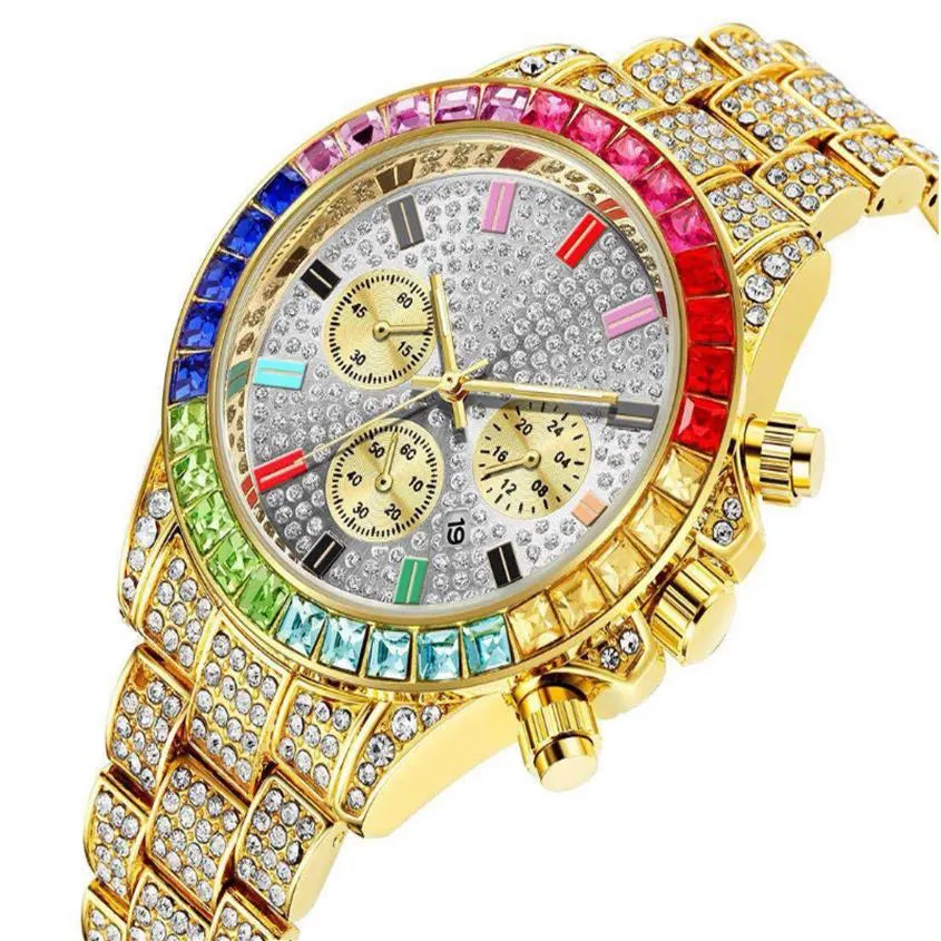 Pintime Luxury Full Crystal Diamond Quartz Calendar Cwp Mens Watch Decorative Three Subdials Shining Men Watch Factory Direct WR224V