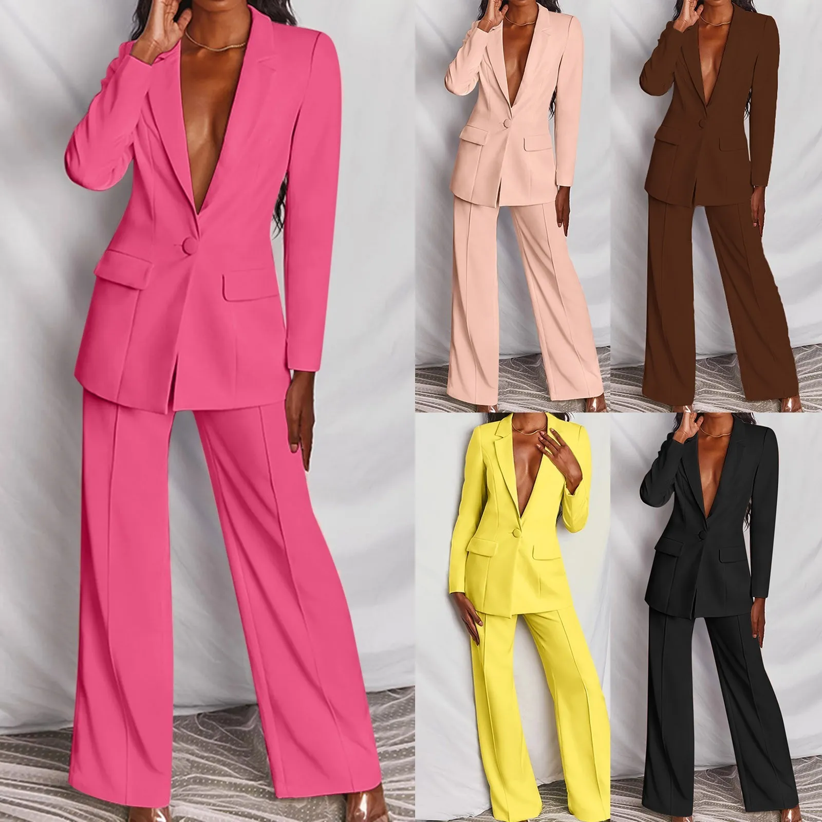 Kvinnor Tvådelar Pants Office Suit Fashion Blazer Pantsuit Simple Solid Color Vcollar Long Sleevetrousers 2 Set 230207
