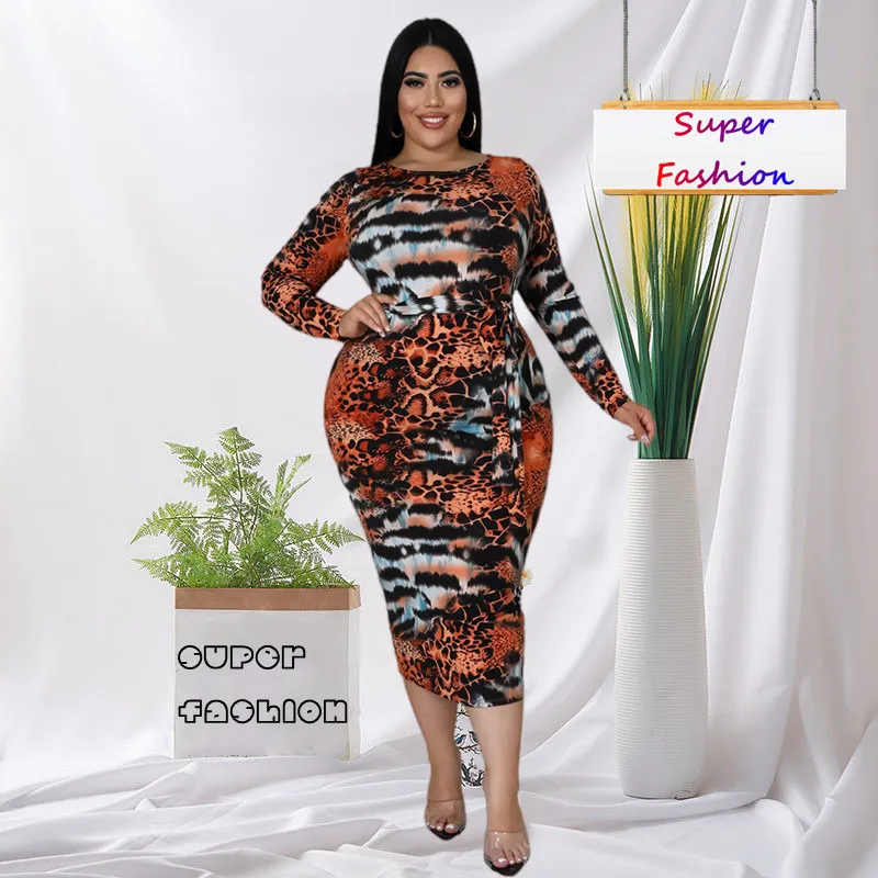 Plus size Dresses WSFEC XL-5XL Plus Size Dresses for Women Clothing Leopard Long Sleeve Slim Sexy Club Party Evening Dress Female Outfits 230207