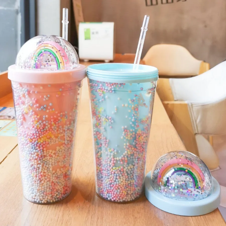 Rainbow Sequin Star Glitter Double Layer Plastic Straw Coffee Mug Tumbler  18.6oz Powder Style Water Cup With Straw From Qiqiseller, $3.97