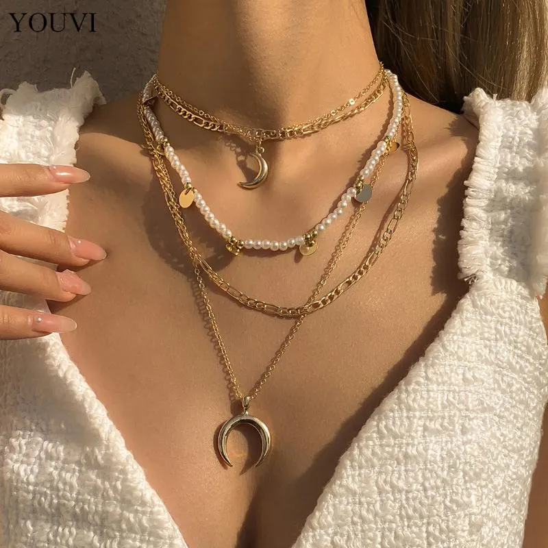Kedjor skiktade pärlpärlor halsband set bohemia goth moon stjärna pedant för kvinnor choker smycken krage charms
