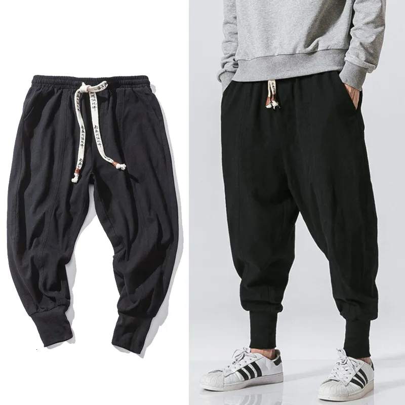 Männer Hosen Chinesischen Stil Harem Streetwear Casual Jogger s Baumwolle Leinen Jogginghose Knöchel länge Hosen M 5XL 230206