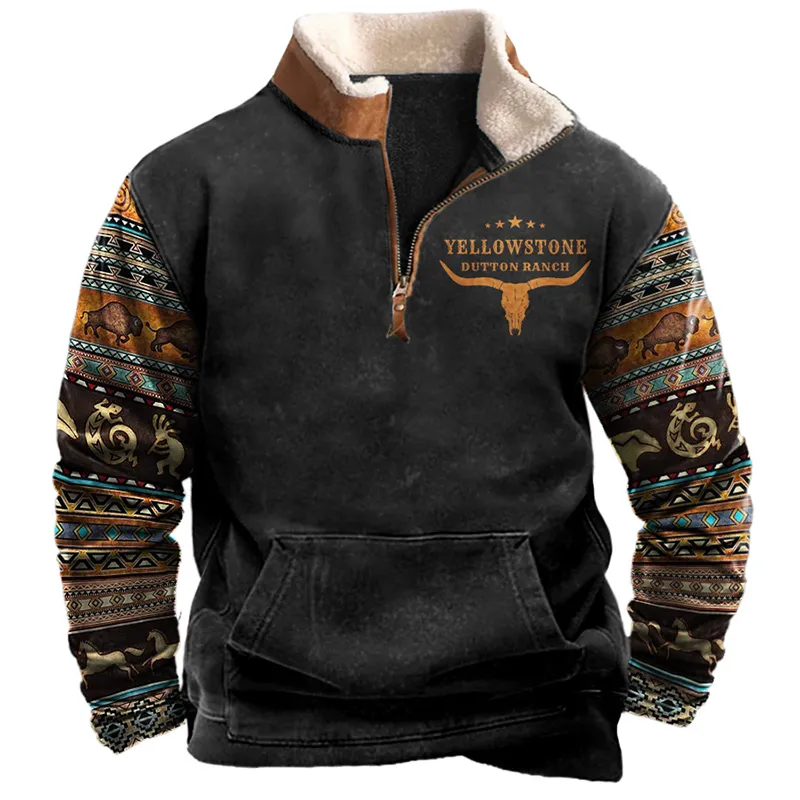 Mens Hoodies Sweatshirts Vintage Desen Baskı Yün Yol Erkekler Rahat Gevşek Uzun Kollu Fermuar Kazak Bahar Giysileri Leisure Tops 230207