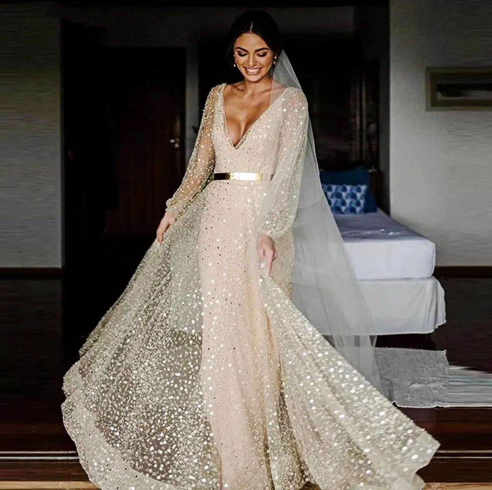 Champagne Glitter Two Pieces Wedding Dress Gold Sash 2023 Puff Long Sleeves  V Neck Vestido De Noiva Women Bridal Gown Robe De Mariage From  Donnaweddingdress26, $132.61 | DHgate.Com