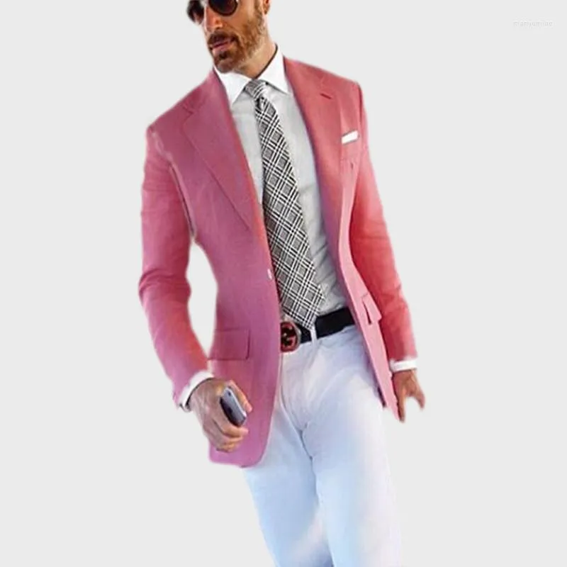 Mäns kostymer rosa kostym män blazer formell med vita byxor smart casual business terno smal fit smoking tuxedo kappjacka kostym homme