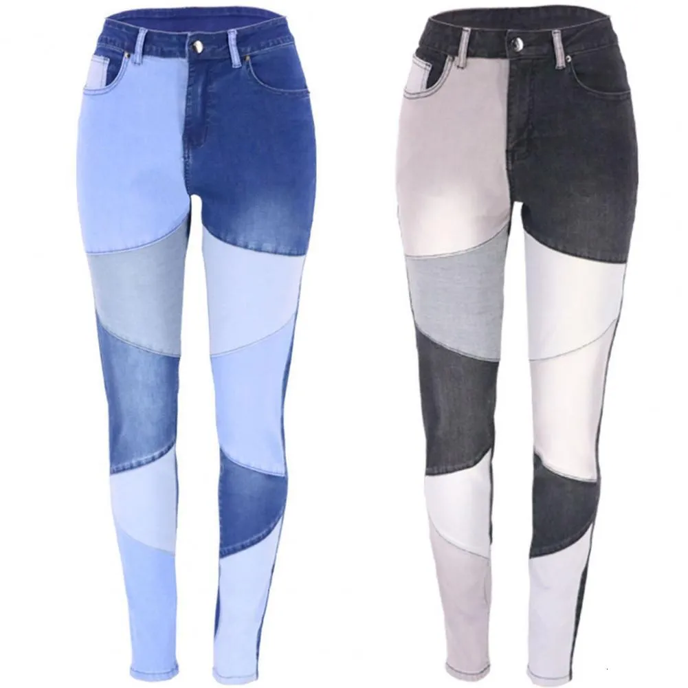 Dames jeans mode -vrouwen splitsen slanke casual strakke hoge taille denim broek voor vrouwelijke vintage patchwork dunne broek streetwear 230206