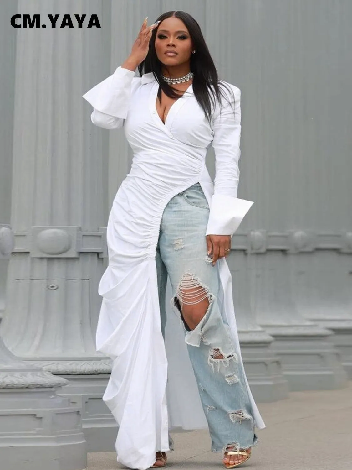 Sukienki imprezowe CM Yaya Vintage Kobiety z długim rękawem Wysokie Side Podział Ruche Up Wrap Lapel Kllar White Maxi Dress Fashion Street 230105