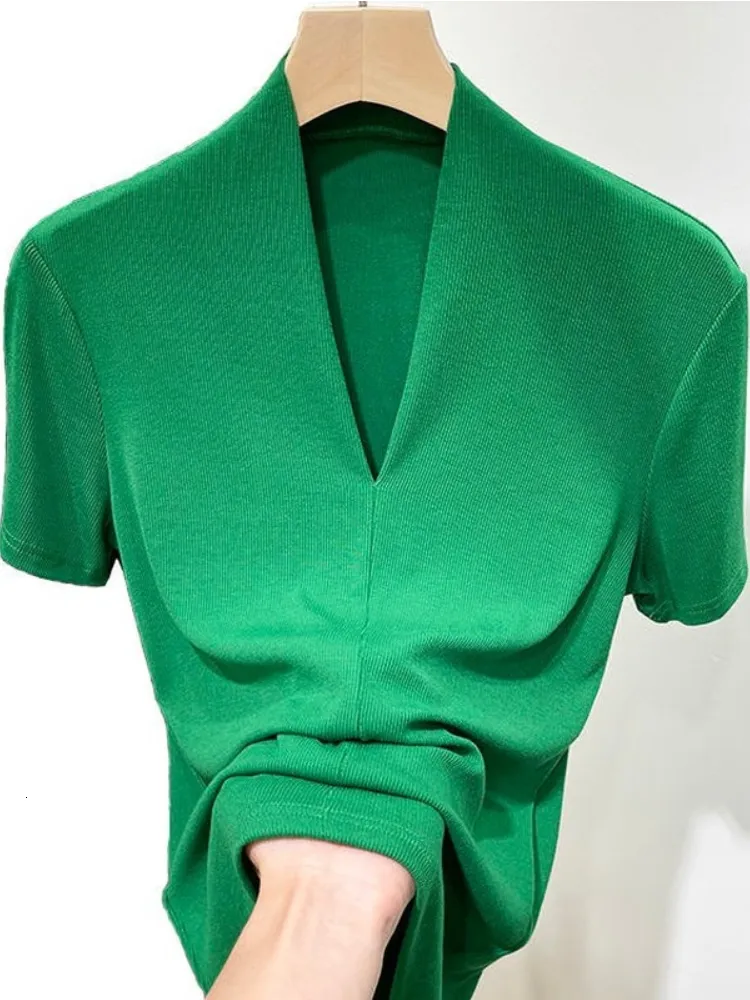 T-shirt femme chemisiers et chemises en tricot vêtements d'été pour femmes col en V vert bleu gris mince maigre haut à manches courtes t-shirt 230206