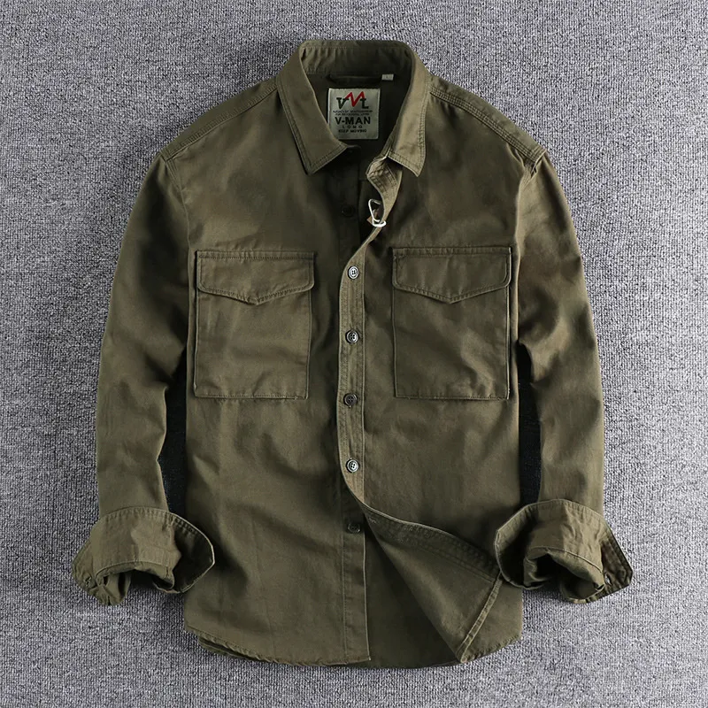 Herren-Freizeithemden, Retro-Männer-Cargo-Hemd, Jacke, Segeltuch, Baumwolle, Khaki, Militäruniform, leichte Freizeit-Arbeitshemden im Safari-Stil, Herren-Oberbekleidung, 230207