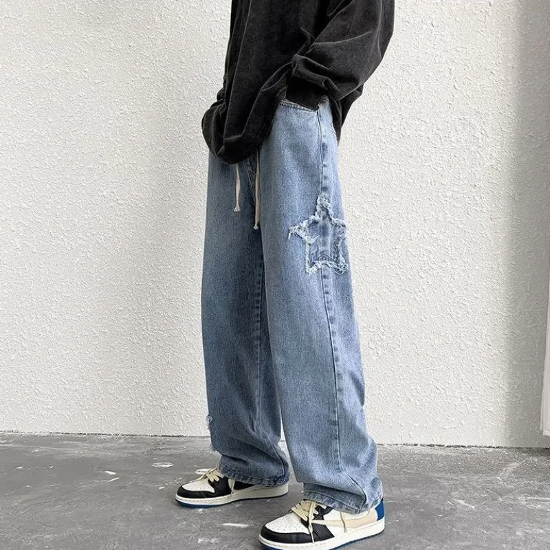 Jeans masculinos cintura elástica homens ins moda bordado denim calças plus size baggy calças largas casuais bottoms vintage y2k roupas masculinas 230207