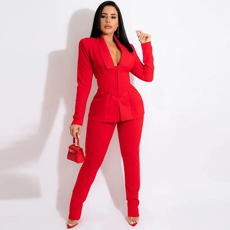 Pantalones de dos piezas para mujer Elegante Office Lady 2 Conjuntos Trajes Corsé Blazer Abrigo y lápiz Traje de negocios Ropa de trabajo Conjunto a juego Uniforme 230207