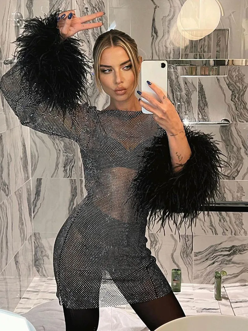 Casual Dresses Fashion Sexy Feather Patchwork Long Sleeve Mesh Dress Women Spring Seight-Through BodyCon Package Hip Party Night Club Dresses 230207