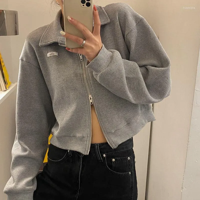 Women's Hoodies Sweatshirts Women Zipper Turn-down Collar Solid Cropped Loose Streetwear Harajuku Casual All Match Stylish Female Vintage