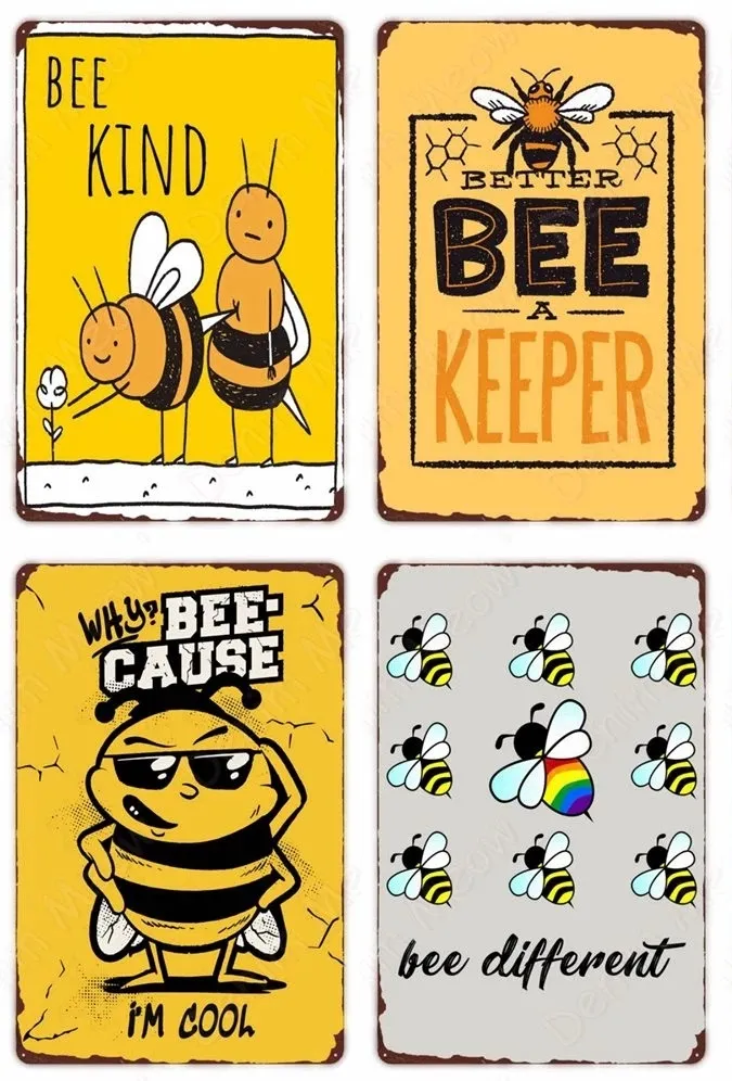 Пчелиная езда смешная ретро -металлическая живопись пчела Happy Vintage Metal Знак Home Outdoor Wall Decoration пчеловоды пчеловод