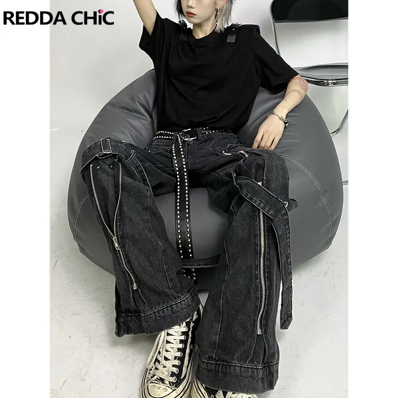 Jeans da donna ReddaChic Acubi Fashion Pantaloni da donna Vita bassa Dritto Cerniera aperta Fessura Cyber Y2k Grunge Goth Harajuku Emo Streetwear 230206