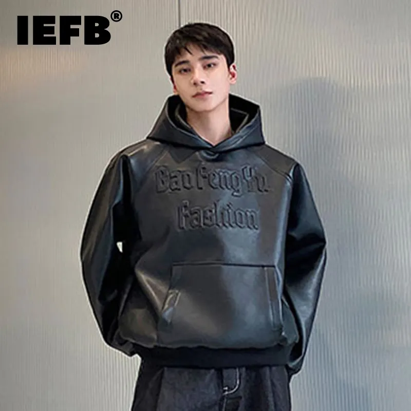 Erkek Hoodies Sweatshirts IEFB Kış Moda Kabartmalı Mektup Kapüşonlu Kazak 2023 Düz Renkli Koyu Giyim Erkek Cep Gündelik 9A6481 230206