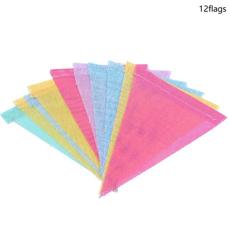 12 Flags Colorful Jute Linen Flags Pennant Birthday Bunting Banners Wall Hanging Wedding Party Garland for Home Decor