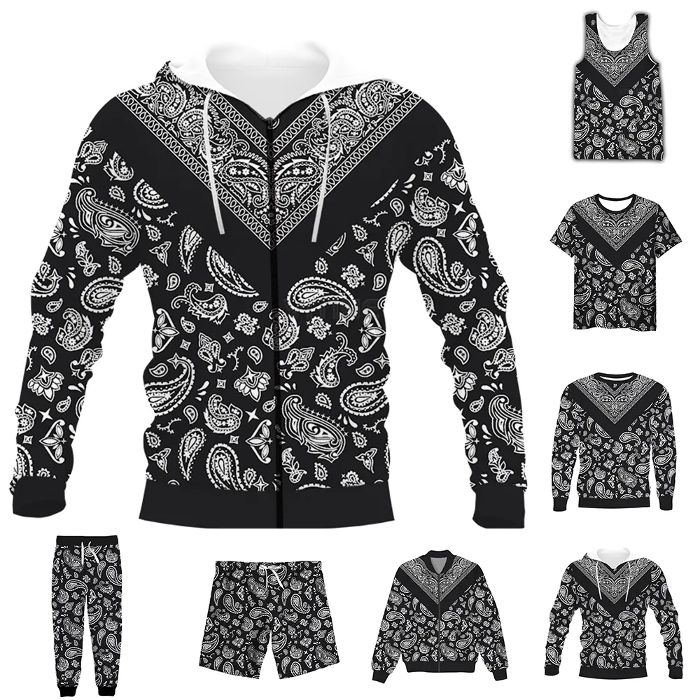 Men's Tracksuits Funny 3D Full Print Bandana Black Paisley T shirt Sweatshirt Zip Hoodies Thin Jacket Pants Four Seasons Casual Suit V52 230206