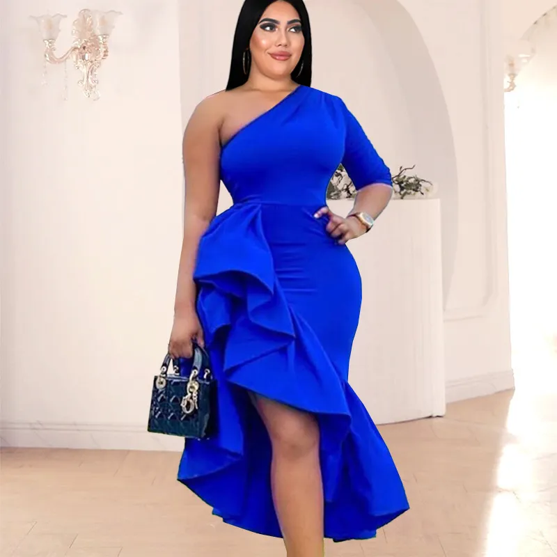 Plus size Dresses Plus Size Women Party Dress Blue Ruffle Evening Dress Spring Lady Luxury Robe Female Club Outwear Elegant Birthday Clothes 230207