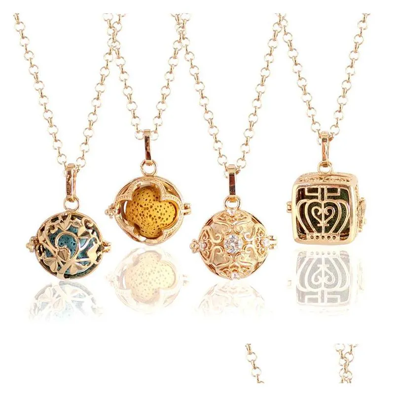 Lockets 13 Styles Lava Rock Aroma Essential Oil Diffuser Necklace Jewelry Hollow Open Locket Pendant tröja kedja med 32 I DHGARDEN DHPKN