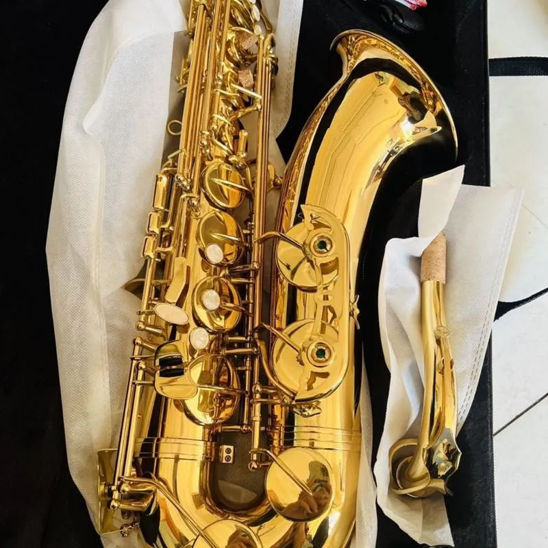 Anpassad modell 802 Tenor Saxofon B Flat Gold Lacquer BB SAX Professionellt Musikinstrument med munstycke Fallhandskar REEDS Remsrengöringssats och tillbehör