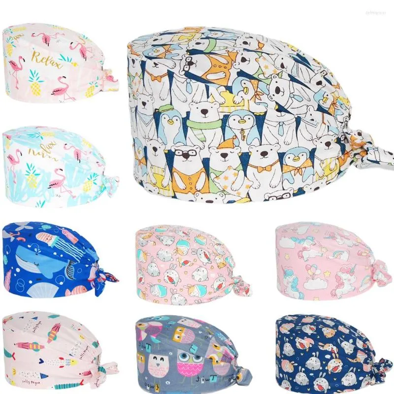 Berets Unisex Scrub Cap Cotton Adjustable Pet Health Nursing Hat Uniform Accessories Anime Printing Working Caps