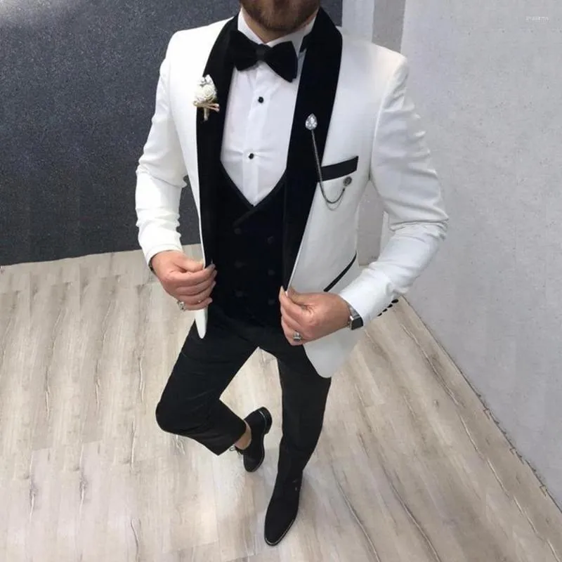 Men's Suits Brand White Men Suit With Black Shawl Lapel Slim Fit One Button Groom Tuxedos Tailor Made 3 Pieces Terno Masculino