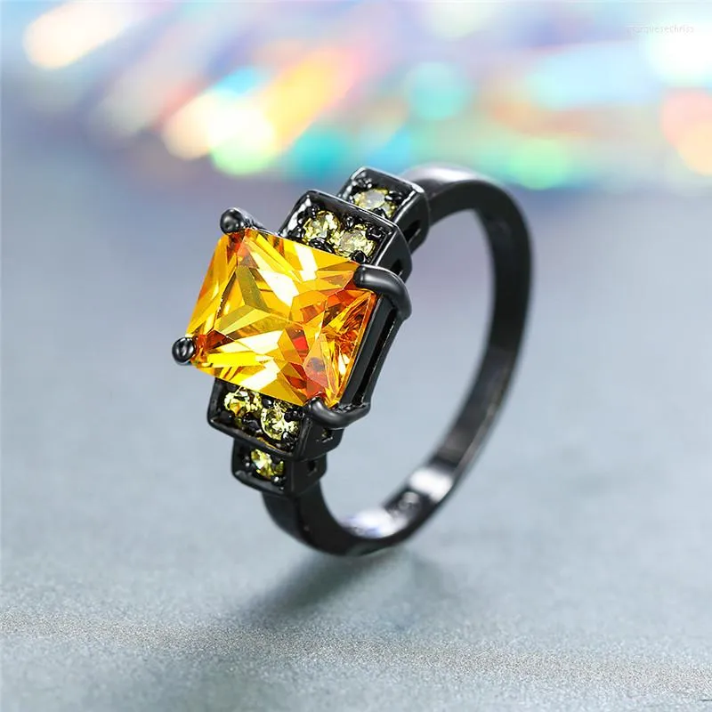 Wedding Rings Cute Female Big Champagne Stone Ring Vintage Black Gold For Women Promise Love Square Engagement