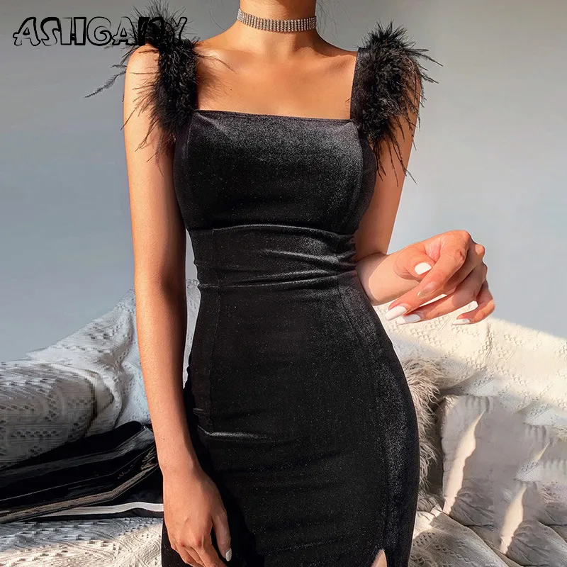 الفساتين غير الرسمية Ashgaily Sexy Velvet Dress Women Olcyfeless Dress Solid Feathers Bodycon Closed Club Club Femme 230207