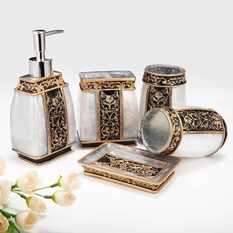 Set di accessori per il bagno Resina 5 pezzi Accessori per il bagno Dispenser per lozione Bicchiere Portaspazzolino Tazza Portasapone Pompa Bottiglia Strumenti portatili1