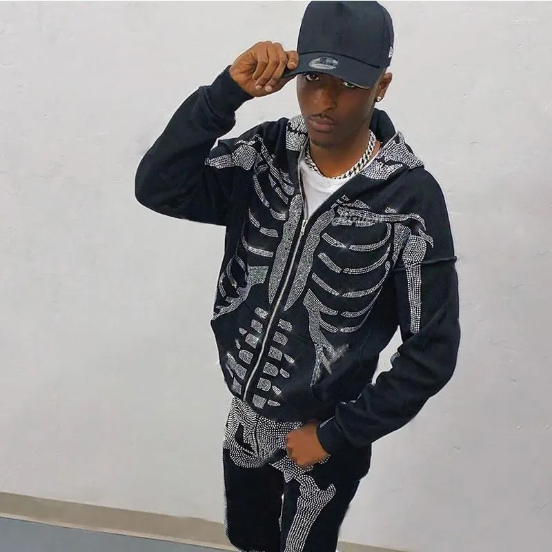 Men's Hoodies Full Zip Up Hoodie Rhinestone Skeleton Goth Sweatshirt Sport Couple Outfit Black Long Sleeve Oversized Grunge Y2k Hip Hop