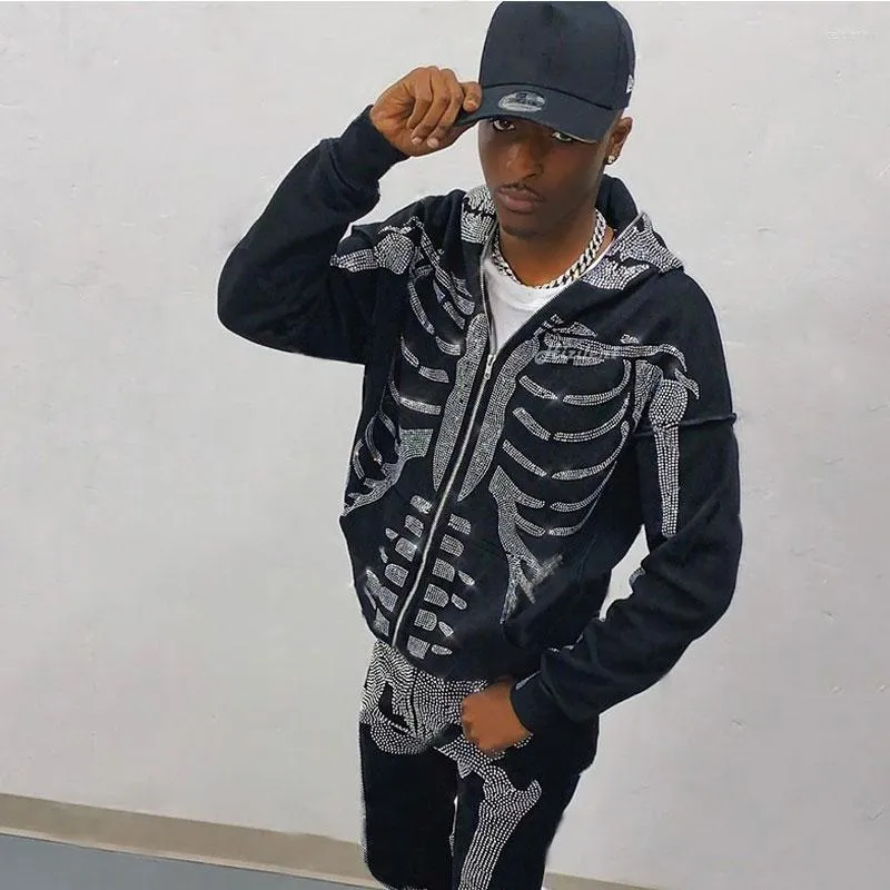 Moletons Masculinos Moletom Com Capuz Com Capuz Com Strass Skeleton Goth Esportivo Roupa Para Casal Preto Manga Comprida Oversized Grunge Y2k Hip Hop