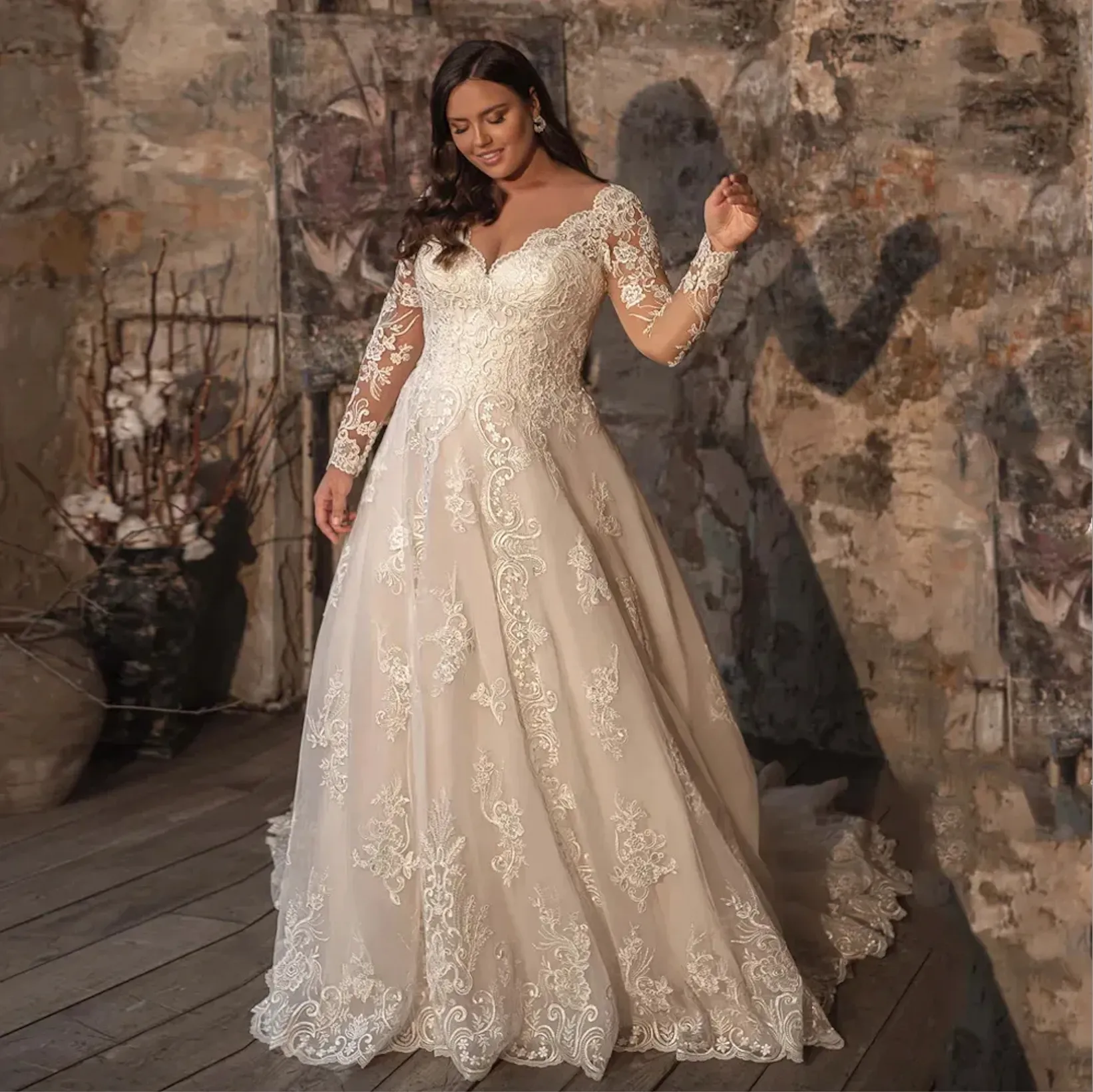 Robes De mariée De grande taille une ligne 2023 élégantes dentelle Appliques manches longues robes De mariée col en V Tulle Vestido De Noiva