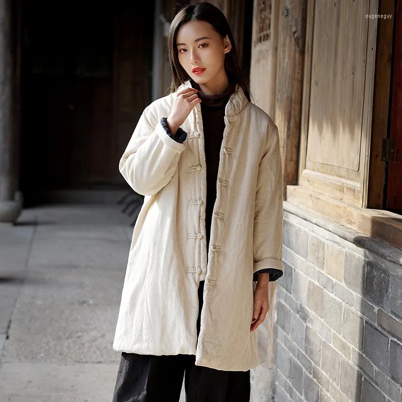 Kvinnors dike rockar flickor lång vinter parka lös överrock knapp upp linne kinesiska traditionella kvinnor parkor varm bomull vadderad quiltad kappa