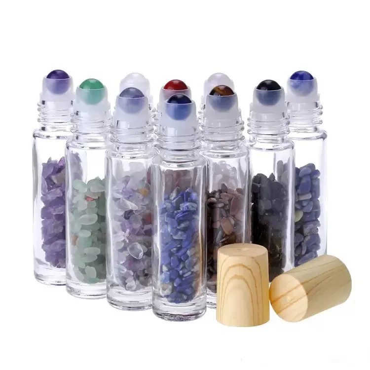 Essential Oil Diffuser 10ml Clear Glass Roll on Perfume Bottles with Crushed Natural Crystal Quartz Stone,Crystal Roller Ball Wood Grain Cap