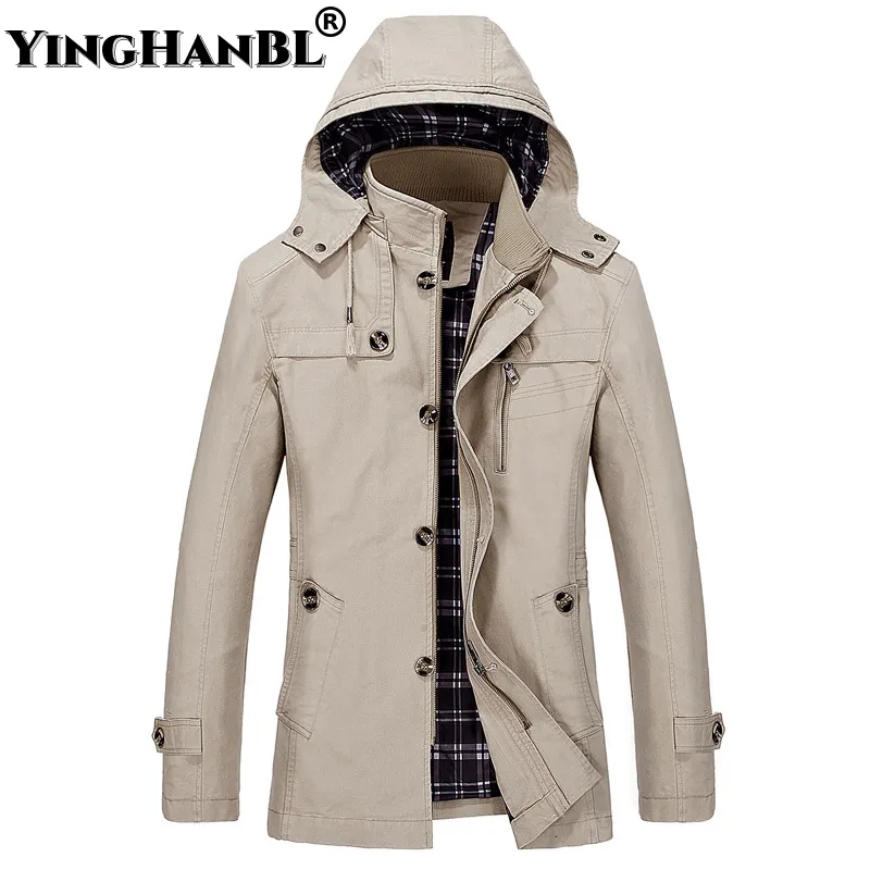 Trench da uomo Trench Cappotti lunghi con risvolto Giacca a vento Giacca casual da uomo Primavera Autunno Cotone Abbigliamento maschile Uomo Giacche invernali con cappuccio Tinta unita 230207