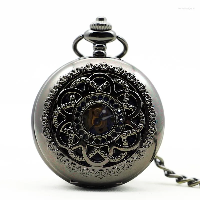 Pocket horloges Black Hollow Vintage Mechanical Watch Men Skeleton Canving Steampunk FOB Hand met ketting ketting vrouwen geschenk