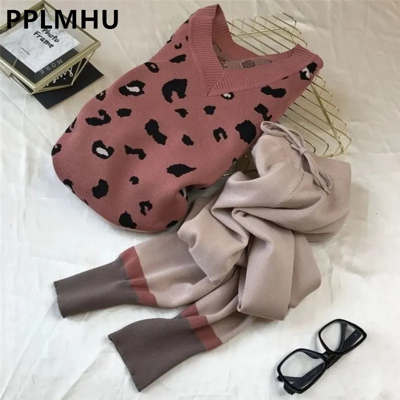 Women's Two Piece Pants Leopard Print Knitted 2 Piece Sets For Women Casual Loose V-neck Sweater Pullovers Outfits And Contrast Color Harem Pants Suit 230207