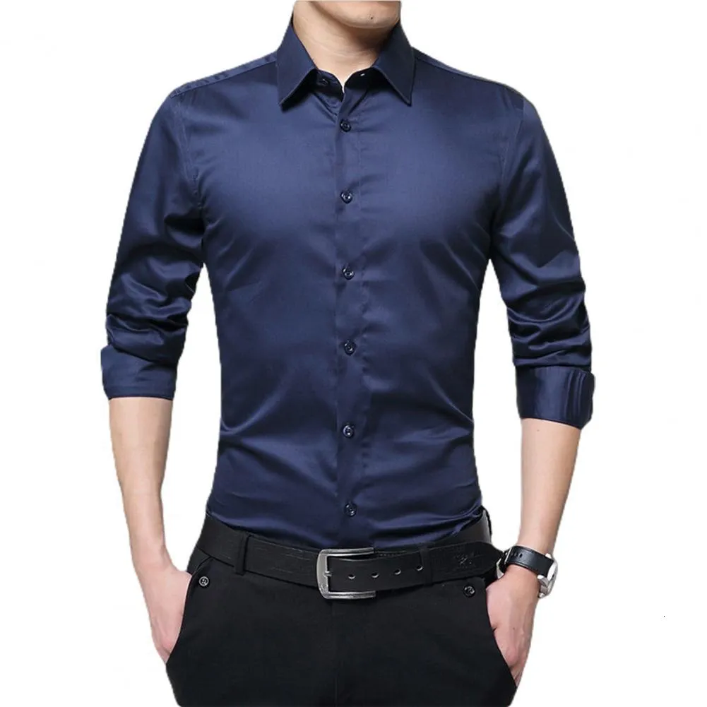 Chemises décontractées pour hommes Chemise habillée formelle Vêtements pour hommes Couleur unie Col rabattu Simple boutonnage Automne Slim Homme Chemise Top Business 230207