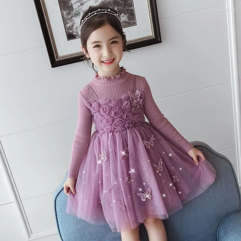 Girl Dresses Autumn Flower Party For Teen Butterfly Dress Elegant Children's Korean Princess Plush Frocks Little Girls Clothing